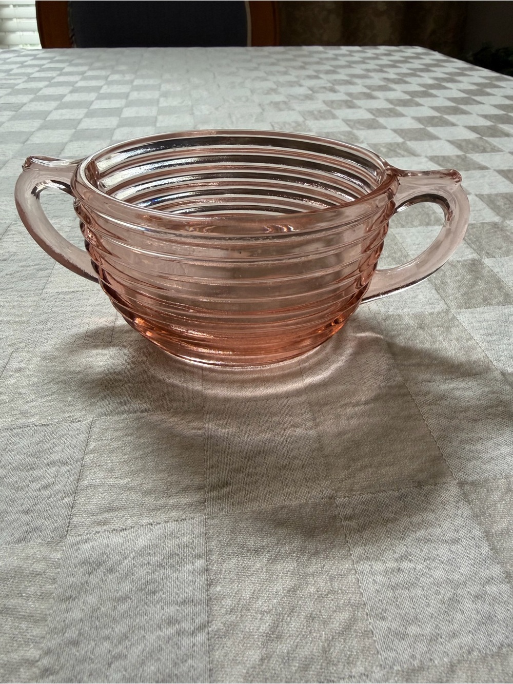 Pink Ribbed depression Glass Two-Handled sugar size Serving Bowl